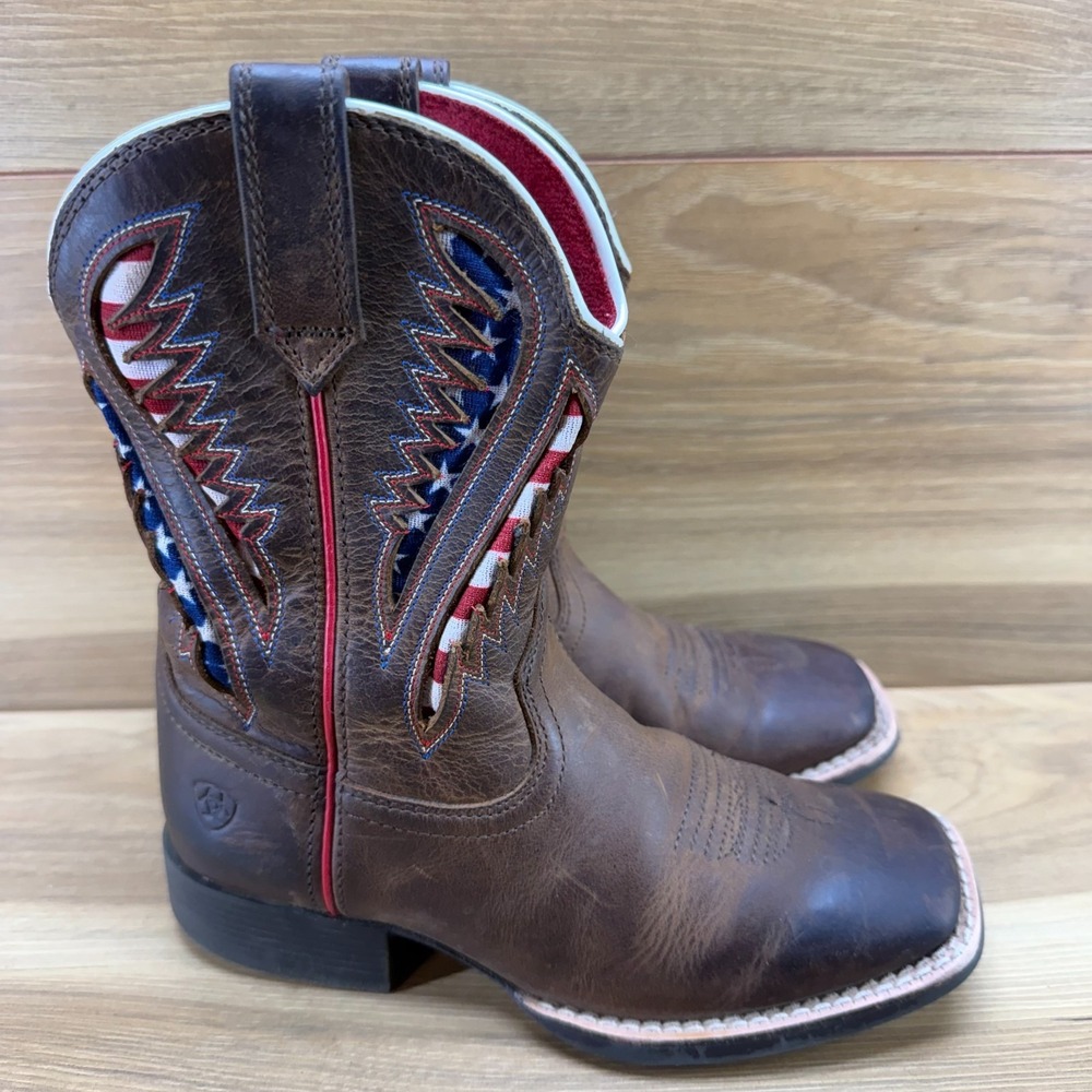 ARIAT Quick Draw Vent Tek Boys Size 13 Brown Leather American Flag Stars Cowboy